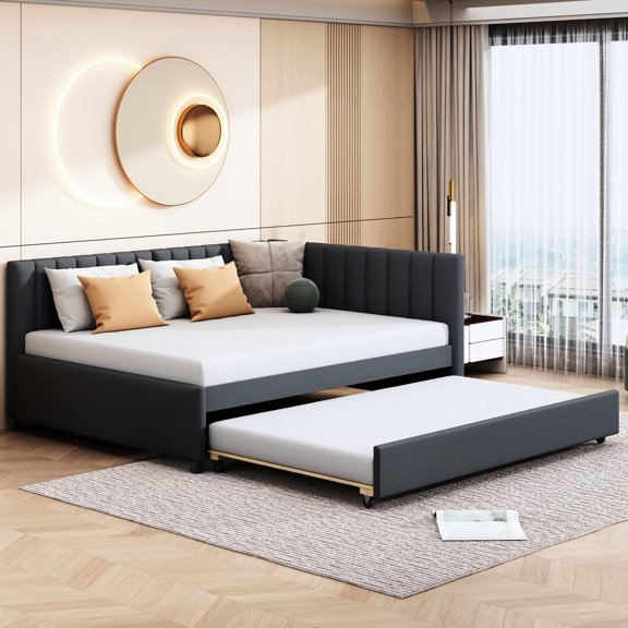 Solid Wood Support - Gray Linen Upholstered Daybed