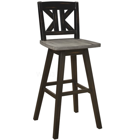 Solid Wood Swivel Bar Chairs Set of 2, Distressed Black Gray X-Back Pub Height Stools with 360 Swivel