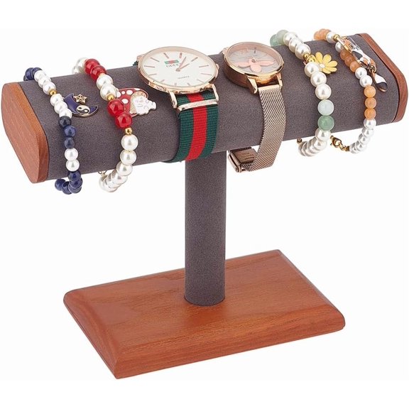 Solid Wood T-Bar Watch Display Stand 3.1" Wx8 Lx5.8 H Bracelet Holder Stand Grey Microfiber Watch Display Stand Jewelry Display Holder Home Chain Bracelet Bangle Organizer Material Wood