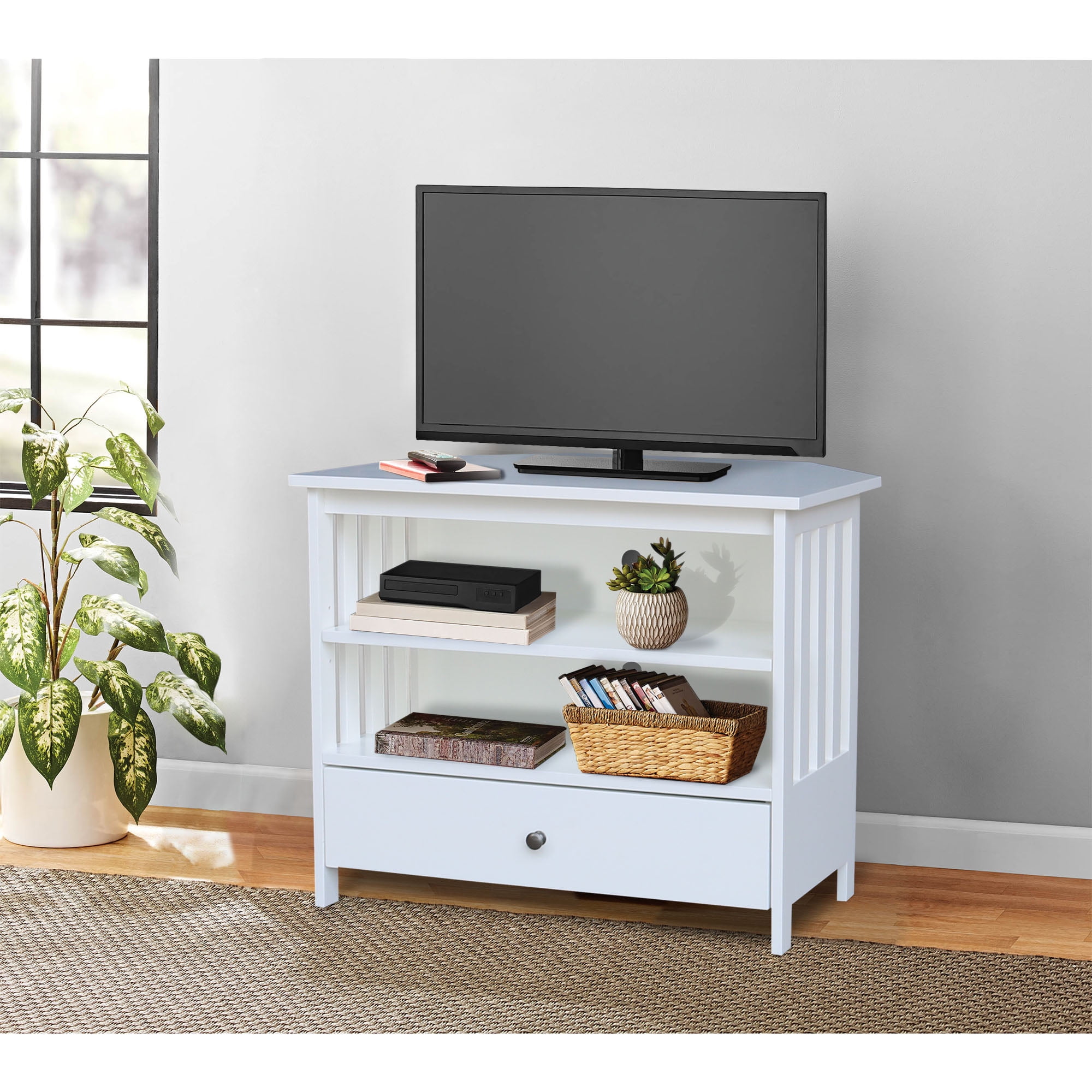 Solid Wood TV Stand with Shelves and Drawer in White 28.9 Height