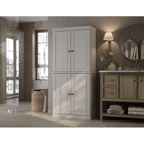 Solid Wood Tall Bathroom Storage Cabinet - 71.5" H x 32" W - Off White - Wooden Cabinet with 4 Raised Panel Doors & Adjustable Shelves, 100% Renewable Eco-Friendly Wood, Modular Cabinets