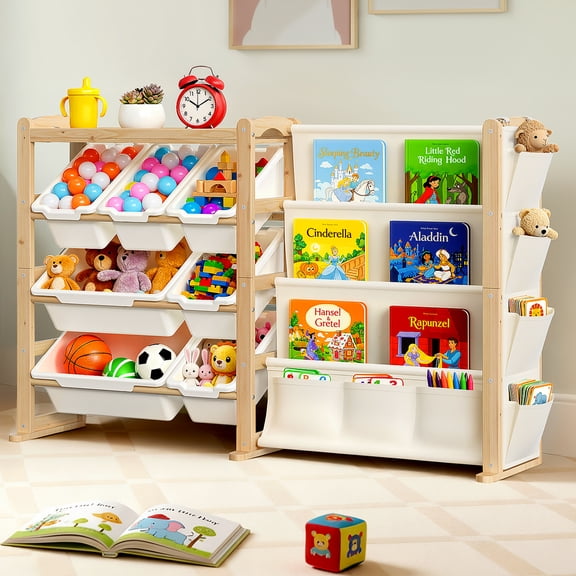 Solid Wood Toy Organizer and Bookshelf 2-in-1, Natural Pine Kids Storage Shelf with 7 Bins, Side Pockets and 4-Tier Book Rack for Playroom or Nursery