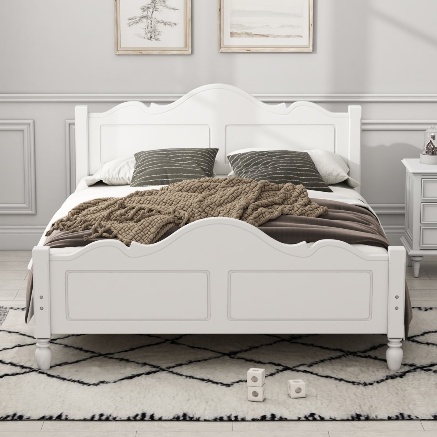 Solid Wood Traditional Concise Style White Queen Platform Bed No Need