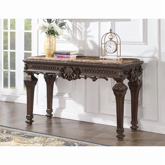 Solid Wood Traditional Console Table with Marble Top, Hand Carved Living Room Entryway Table, Cherry