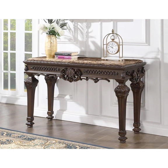 Solid Wood Traditional Console Table with Marble Top, Hand Carved Living Room Entryway Table, Cherry