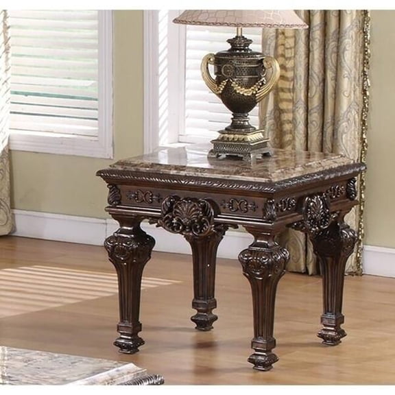 Solid Wood Traditional End Table with Marble Top, Hand Carved Sofa Side Table in Cherry