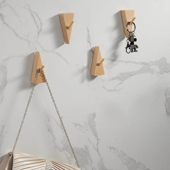 Solid Wood Triangle Wall Hook with Brass Peg, Screw-Mounted Nordic Style Hanger for Entryway, Bathroom or Kitchen – Set of 4