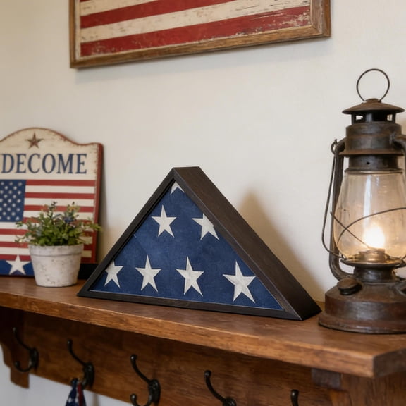 Solid Wood Triangular Flag Display Case with Shatter-Resistant Glass, Wall Mountable American Flag Storage Box for Living Room Office Decor, Veterans Memorial Display Case and Patriotic Home Decor