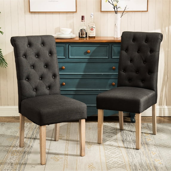 Solid Wood Tufted Parsons Dining Chair Set in Charcoal / Improve Kitchen or Dining Room Look