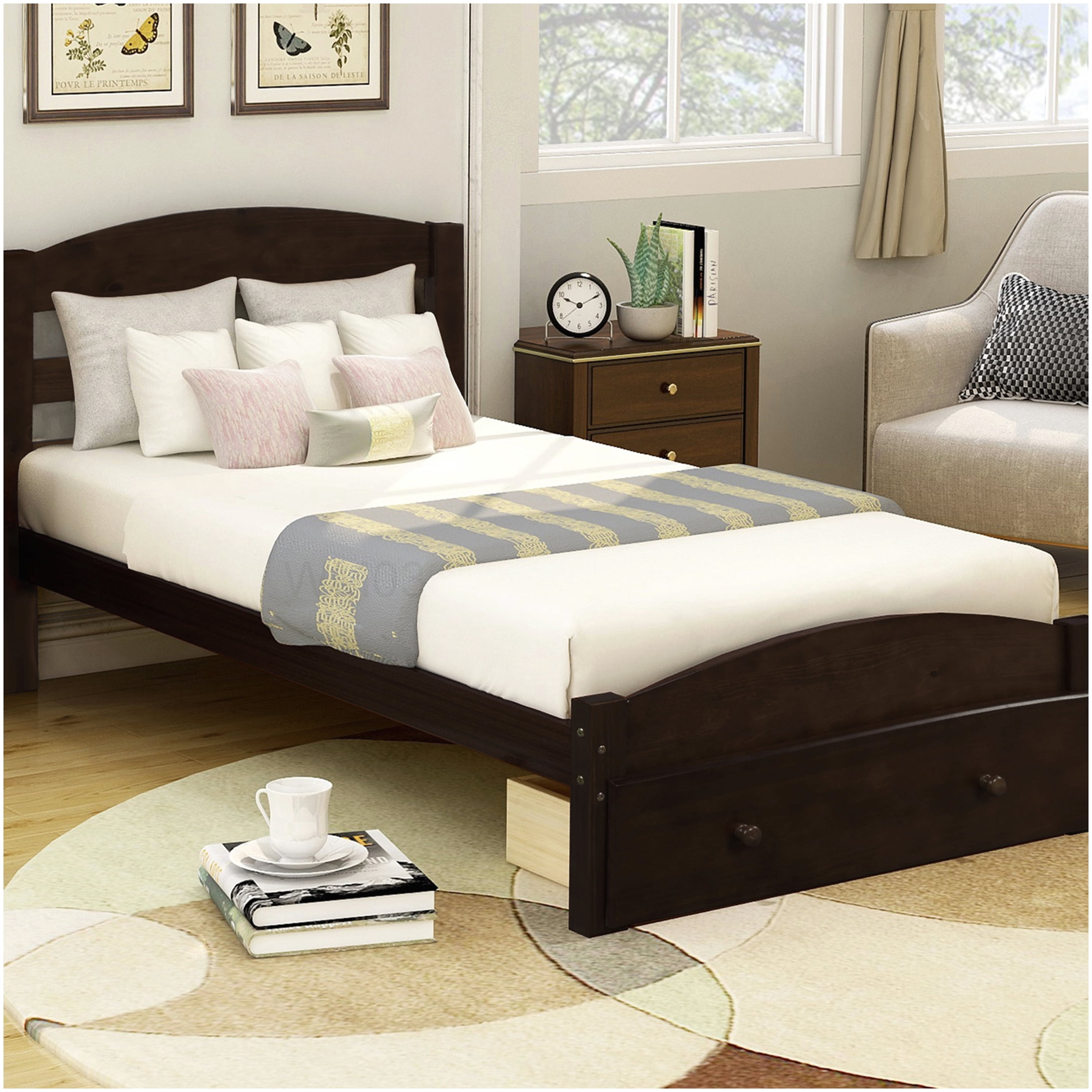 Solid Wood Twin Bed Frame with Drawer Storage, Platform Base with Slats ...