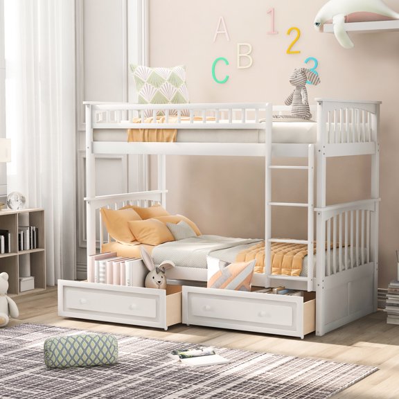 Solid Wood Twin Bunk Bed with Rolling Drawers and Guardrails / Convertible for Bedroom Safe Sleep