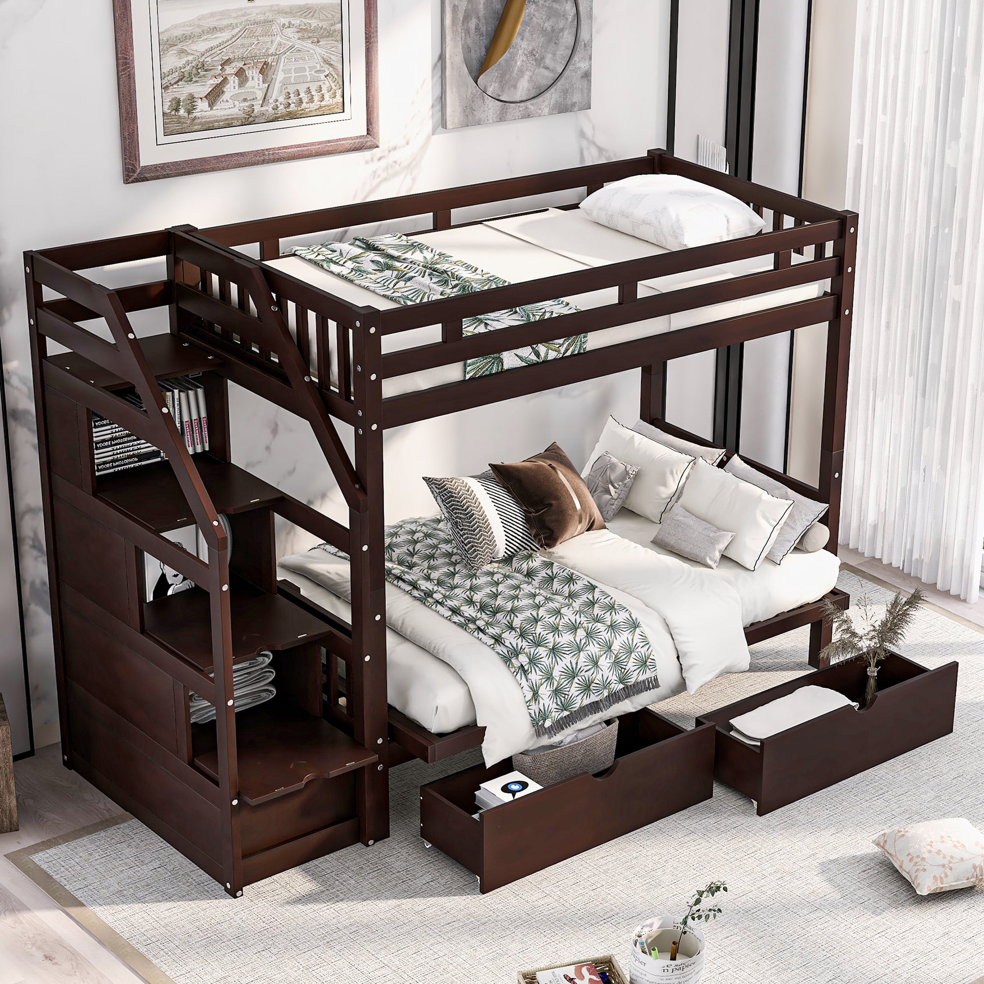 Solid wood twin over full bunk bed with stairs 2025