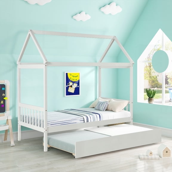 Solid Wood Twin House Bed Frame with Twin Trundle in White, Box Spring Excluded