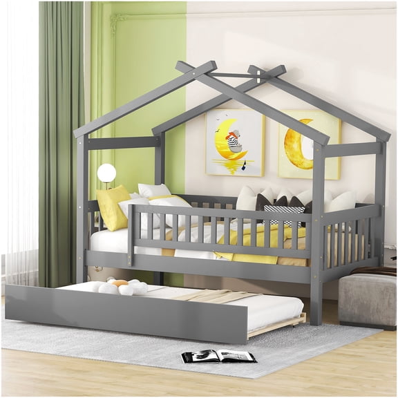Solid Wood Twin House Daybed with Pop-Up Trundle, Space Efficient Design for Small Rooms, Gray