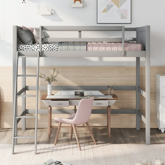 Solid Wood Twin Loft Bed, Grey Wooden Loft Bed Frame with Ladder & Guardrail, Space Saving Platform Bed with Slats, No Box Spring Needed, Easy Assembly