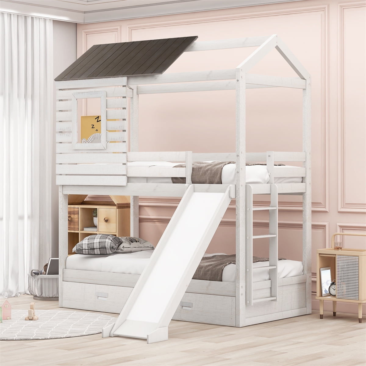Solid Wood Twin Over Twin Bunk Bed with Roof Two Storage Drawers and Slide,House Shaped Wood