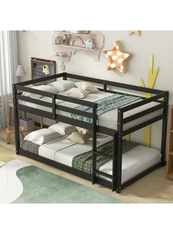 Solid Wood Twin Over Twin Bunk Beds for Kids, Low Floor Twin Bunk Beds with Safety Rail, Ladder, Heavy Duty Bunk Beds Mattress Foundation for Boys Girls, Bedroom Dorm Furniture, Espresso