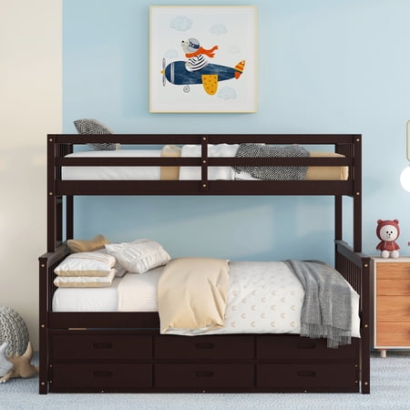 Solid Wood Twin-Over-Full Bunk Bed with Trundle and Three Storage Drawers, Reinforced Structure for Toddler Teens, Separable Bunk Bed with Drawers for Bedroom(Espresso)