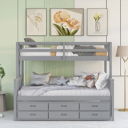 Solid Wood Twin-Over-Full Bunk Bed with Trundle and Three Storage Drawers, Reinforced Structure for Toddler Teens, Separable Bunk Bed with Drawers for Bedroom(Gray)