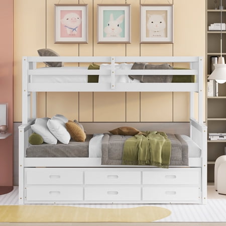 Solid Wood Twin-Over-Full Bunk Bed with Trundle and Three Storage Drawers, Reinforced Structure for Toddler Teens, Separable Bunk Bed with Drawers for Bedroom(White)