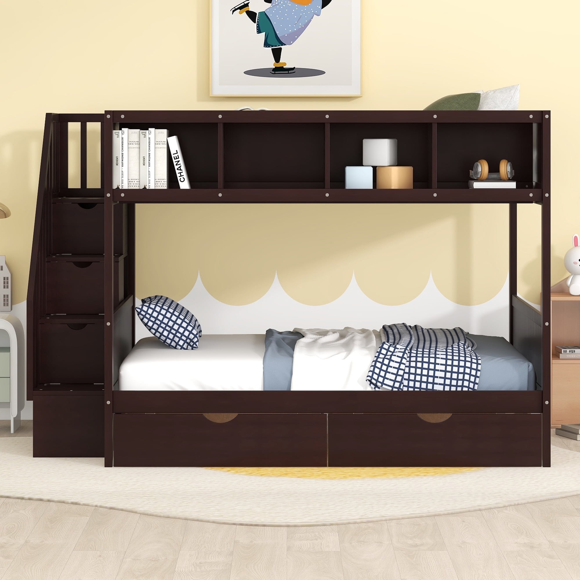 Solid Wood Twin Over Full Bunk Bed with Two Drawers and Staircase ...