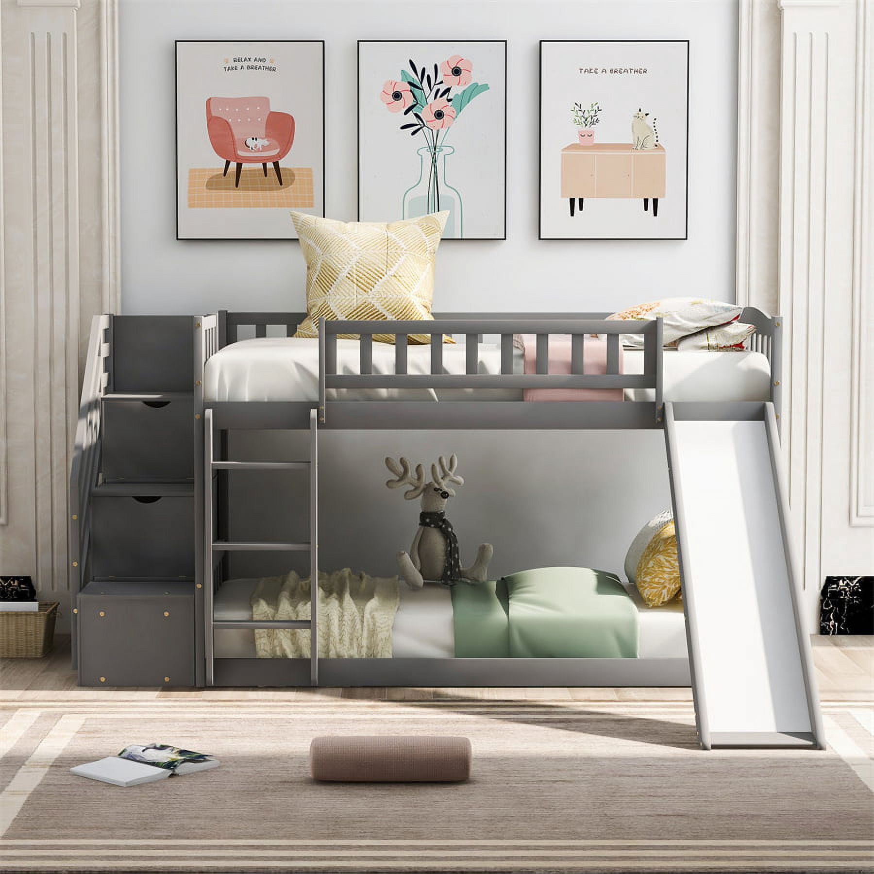 Solid Wood Twin Over Twin Low Bunk Bed with Two Drawers, Slide, 3-Step ...