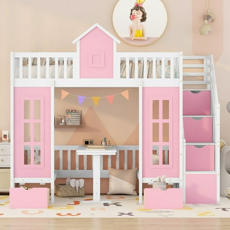 Solid Wood Twin-Over-Twin Bunk Bed with Changeable Table, Turn into Upper Bed and Down Desk with 2 Drawers for Teens(Pink)