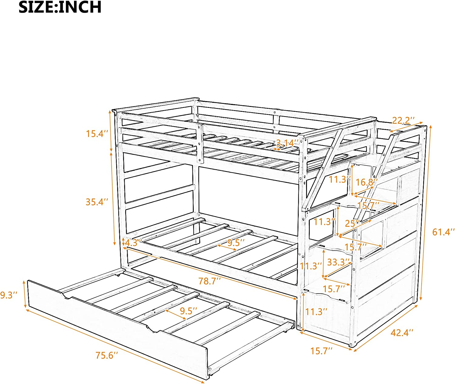 Solid Wood Twin Over Twin Bunk Bed with Trundle and Storage Stairs ...