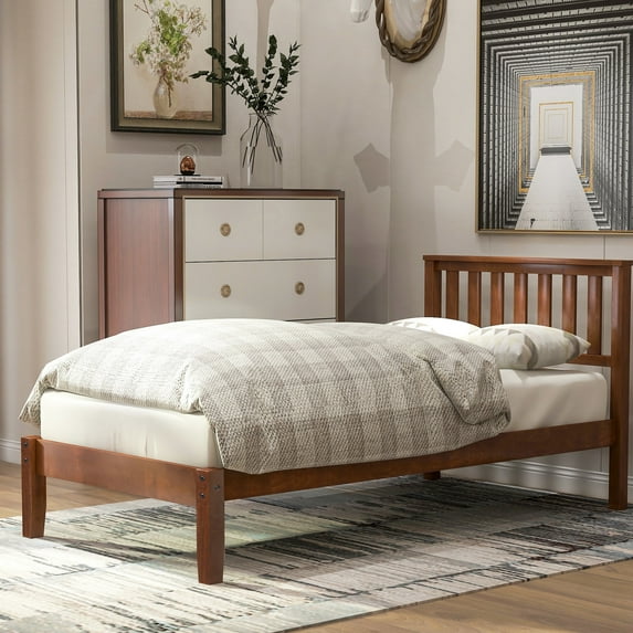 Solid Wood Twin Platform Bed With Headboard, Stable Slat Construction (walnut) - Easy Assembly Process Headboard Feature Bed, Base (walnut