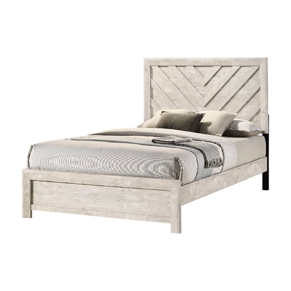 Solid Wood Twin Size Bed With Rustic Beige Gray Finish And Geometric Headboard Contemporary Design