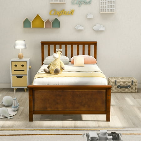 Solid Wood Twin Size Bed Wood Platform Bed with Headboard, Footboard and Wood Slat Support No Box Spring Needed
