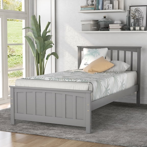 Harper & Bright Designs Solid Wood Twin Size Platform Bed Wooden Bed Frame with Headboard for Bedroom, Gray