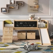 Solid Wood Twin Size loft Bed with Two Storage Boxes, Slide and Climbing Frame & Rope for Kids Teens