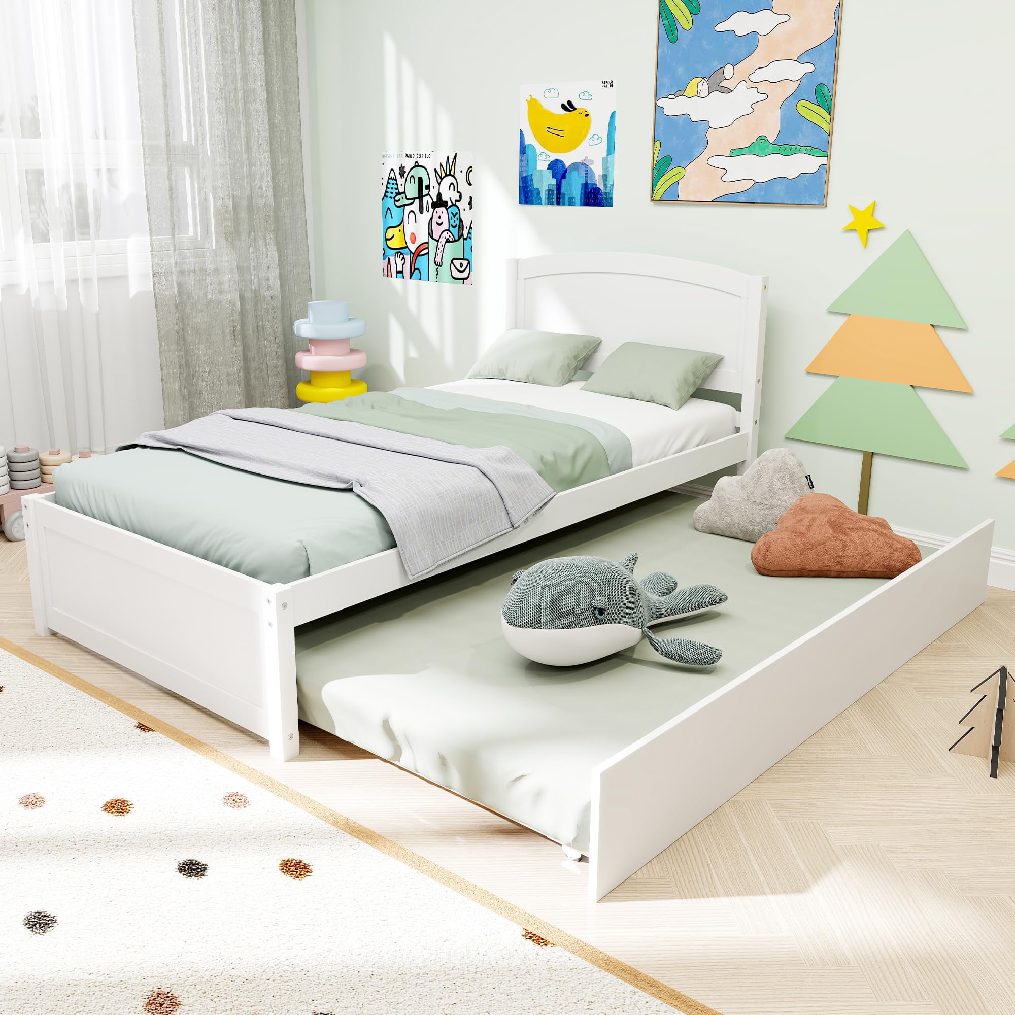 Solid Wood Twin Trundle Bed Pull Out Design, Sturdy Daybed Frame with ...