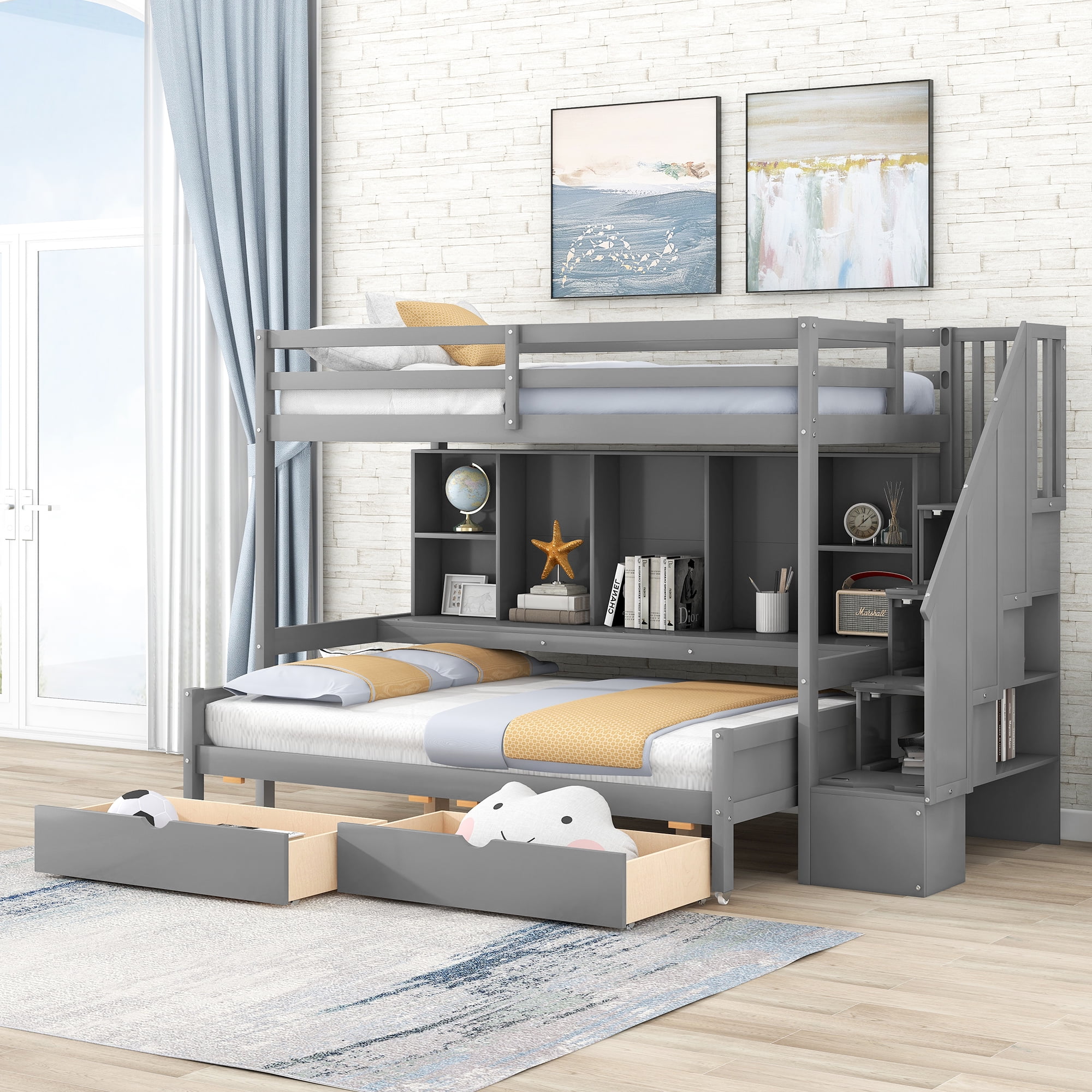 Solid Wood Twin XL over Full Bunk Bed with Two Drawers and Staircase ...
