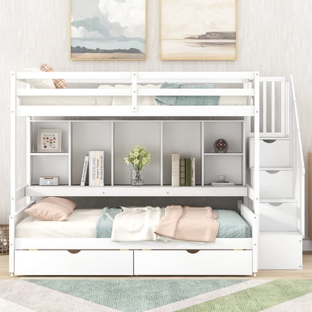 Solid Wood Twin XL over Full Bunk Bed with Two Drawers and Staircase, Reinforced Structure with Built-in Storage Shelves, Down Bed can be Converted into Daybed(White)