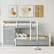 Solid Wood Twin over Twin Bunk Bed with Drawers, Ladder and Guard Rail, Twin over Twin Bunk Bed for Toddler Kids Teens(Gray)