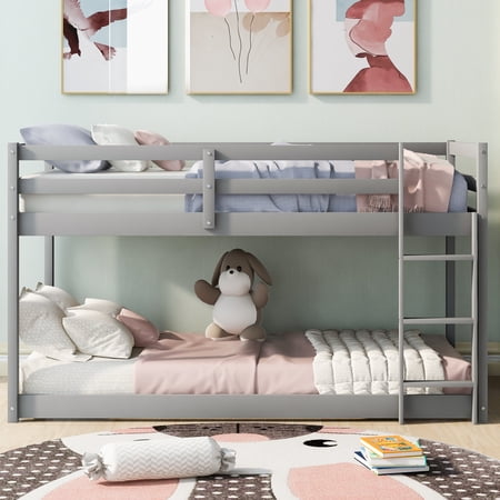 Solid Wood Twin over Twin Floor Bunk Bed with Ladder, Fence and Ladder for Toddler Kids Teens, Safety Design for Kids (Gray)