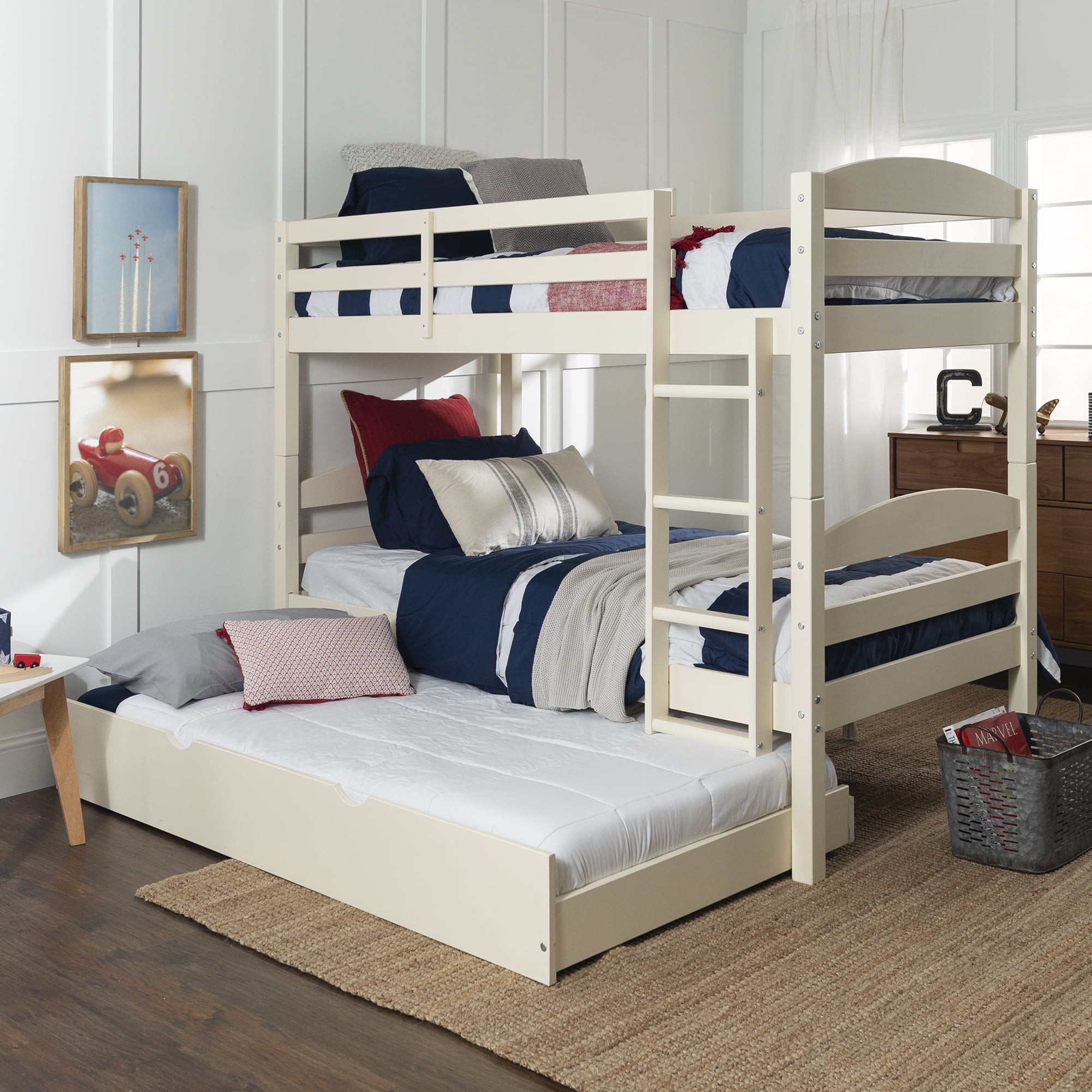 Solid Wood Twin over Twin White Bunk Bed with Storage/Trundle Bed by