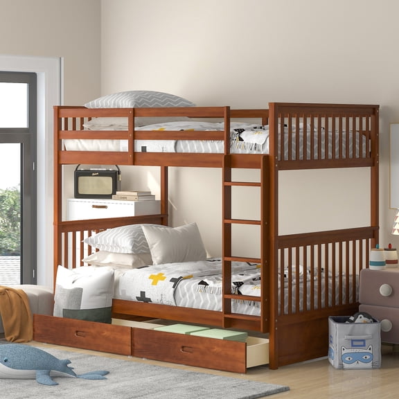 Solid Wood Twintwin Bunk Bed With & Storage Space - Functional And For Bedroom Use Walnut Frame Ideal Optimization In