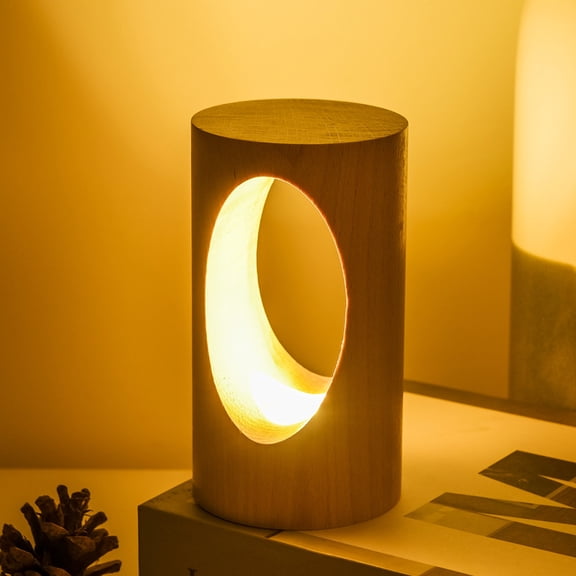 Solid Wood USB Night Light, Japanese Style Tree Hole Table Lamp, Dimmable LED 5.12x2.75x2.75 Inch for Bedroom Living Room Housewarming Gift