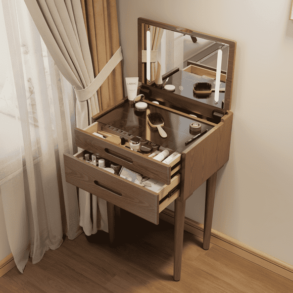 KASLANDI Solid Wood Vanity Desk with Flip Top Mirror & Lights, Small Makeup Vanity Table with Drawers, 3 Lighting Modes Adjustable Brightness, Bedroom & Living Room (Walnut)