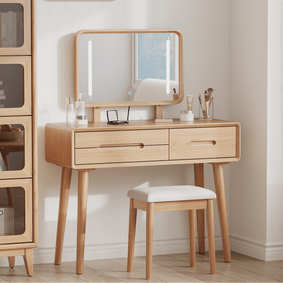 Solid Wood Vanity Desk with Lighted Mirror, Makeup Vanity Table with 3 Drawers & 3 Lighting Modes, Dressing Table for Bedroom, Apartment, Checkroom, 36in, Natural