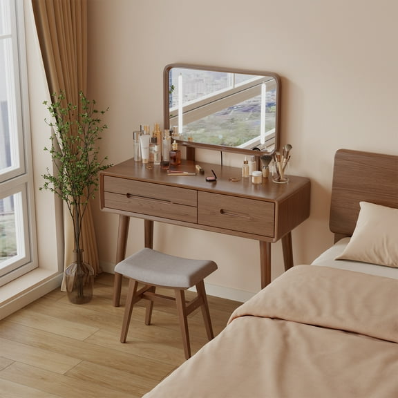 Solid Wood Vanity Desk with Lighted Mirror, Makeup Vanity Table with 3 Drawers & 3 Lighting Modes, Dressing Table for Bedroom, Apartment, Checkroom, 36in, Walnut