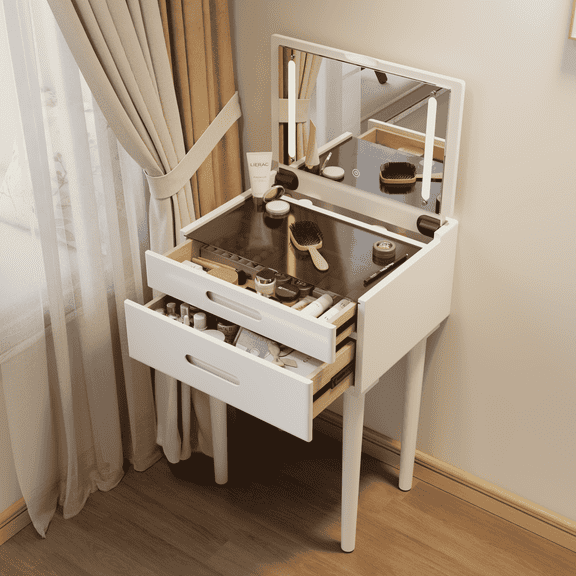 KASLANDI Wood Vanity Desk with Flip Top Mirror, Small Makeup Vanity with Drawers, Brightness Adjustable Lights, Dressing Table for Bedroom, Living Room(White)