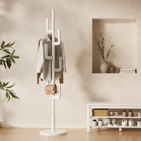 KASLANDI Wood Cactus Coat Rack, Freestanding Coat Rack With 6 Hooks and 3 Adjustable Sizes, Coat Tree, Coat Hanger Stand for Coats, Handbags (White)