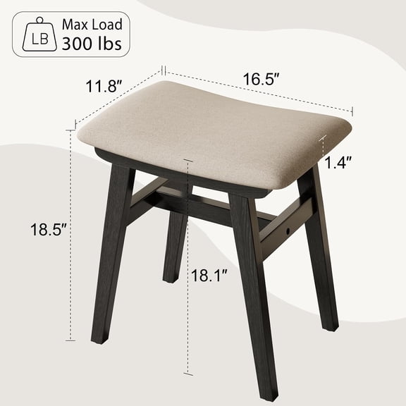 Solid Wood Vanity Stool, Compact Makeup Chair with Saddle Cushion, Linen-Covered High Rebound Sponge Seat, Easy Assembly Footstool for Bedroom, Entryway, Home, Black