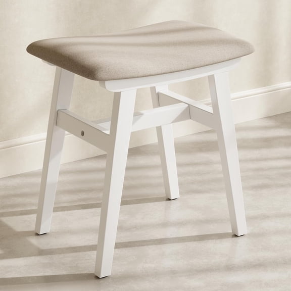 Solid Wood Vanity Stool with Saddle Cushion Linen-Covered High Rebound Sponge Seat 18.5 Inch Height White Bestseling