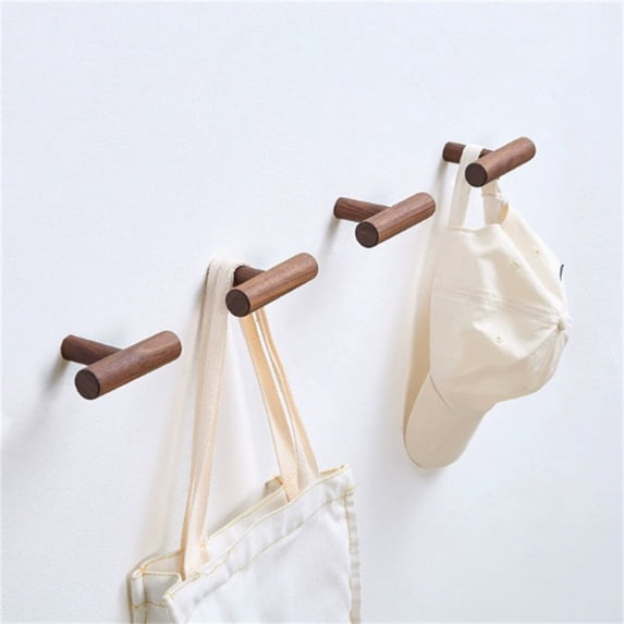 Solid Wood Wall Hooks T Shaped Towel Rack Walnut Finish 1 Pack for Bathroom Kitchen Entryway Coat Hook with Screws