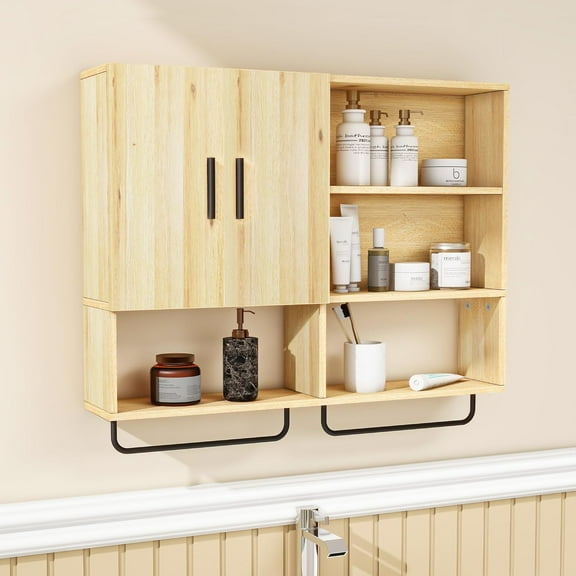 Solid Wood Wall Mounted Bathroom Cabinet,Farmhouse Rustic Over The Toilet Storage Cabinet, Medicine Cabinet Organizer with Door, Towel Bar & Adjustable